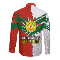 Unisex long-sleeve button shirt, back with red and green emblem graphic and stars