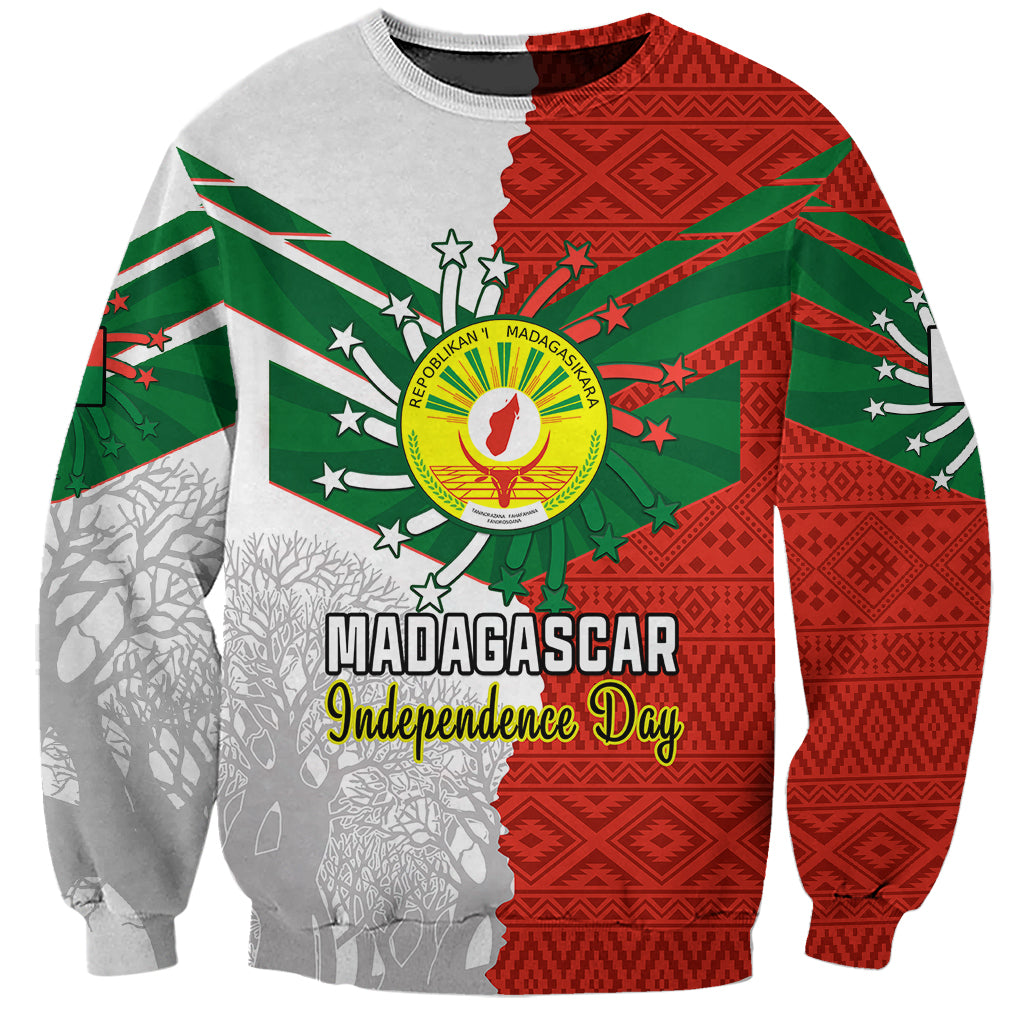 Unisex red, green, and gray sweatshirt with Madagascar Independence Day graphic and emblem