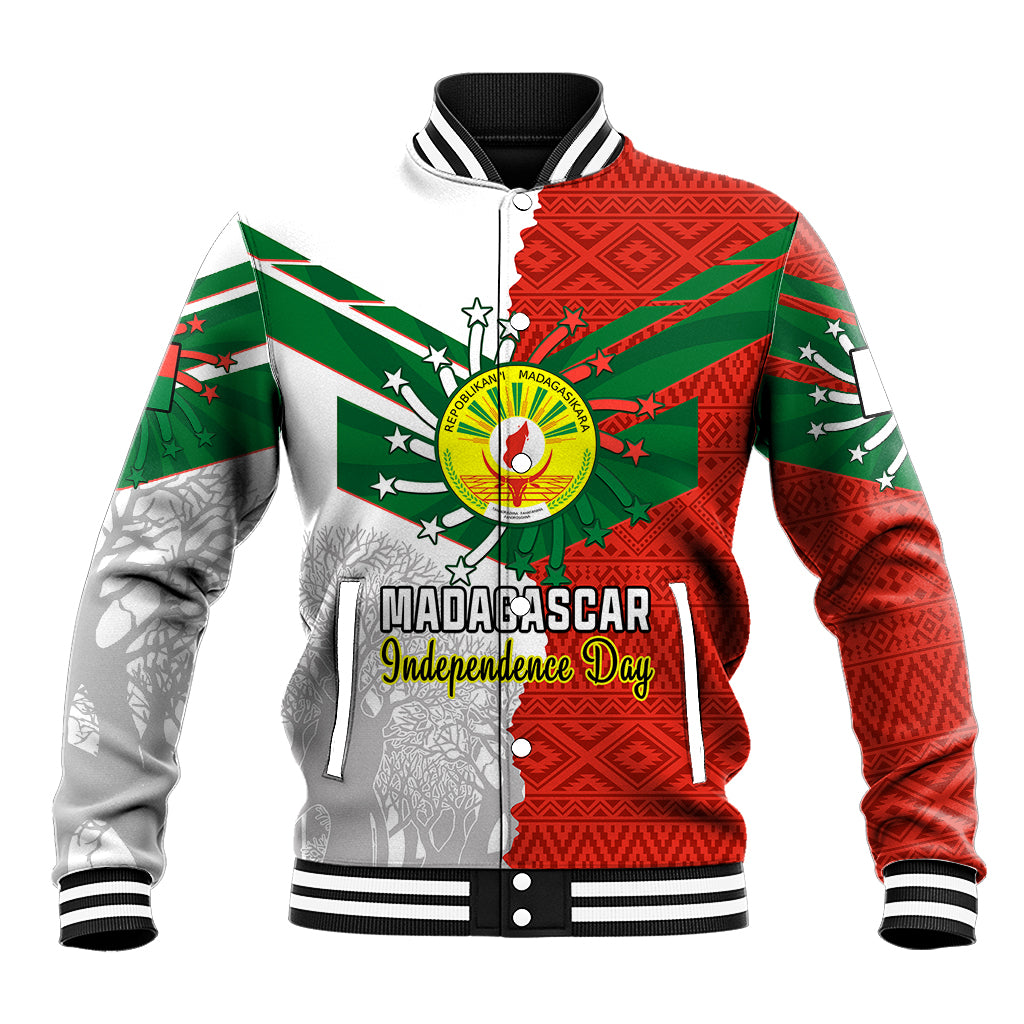 Red baseball jacket with green star and Madagascar map graphic, gray sleeves, ribbed cuffs