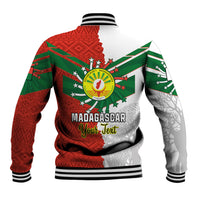 Red baseball jacket back with Madagascar emblem and green stars, gray sleeves, ribbed hem