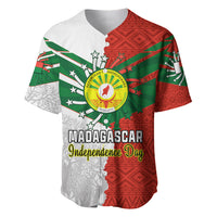 Red and green Madagascar Independence Day baseball jersey with emblem and star pattern