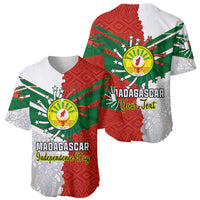 Red and green Madagascar Independence Day baseball jersey set with emblem and map pattern