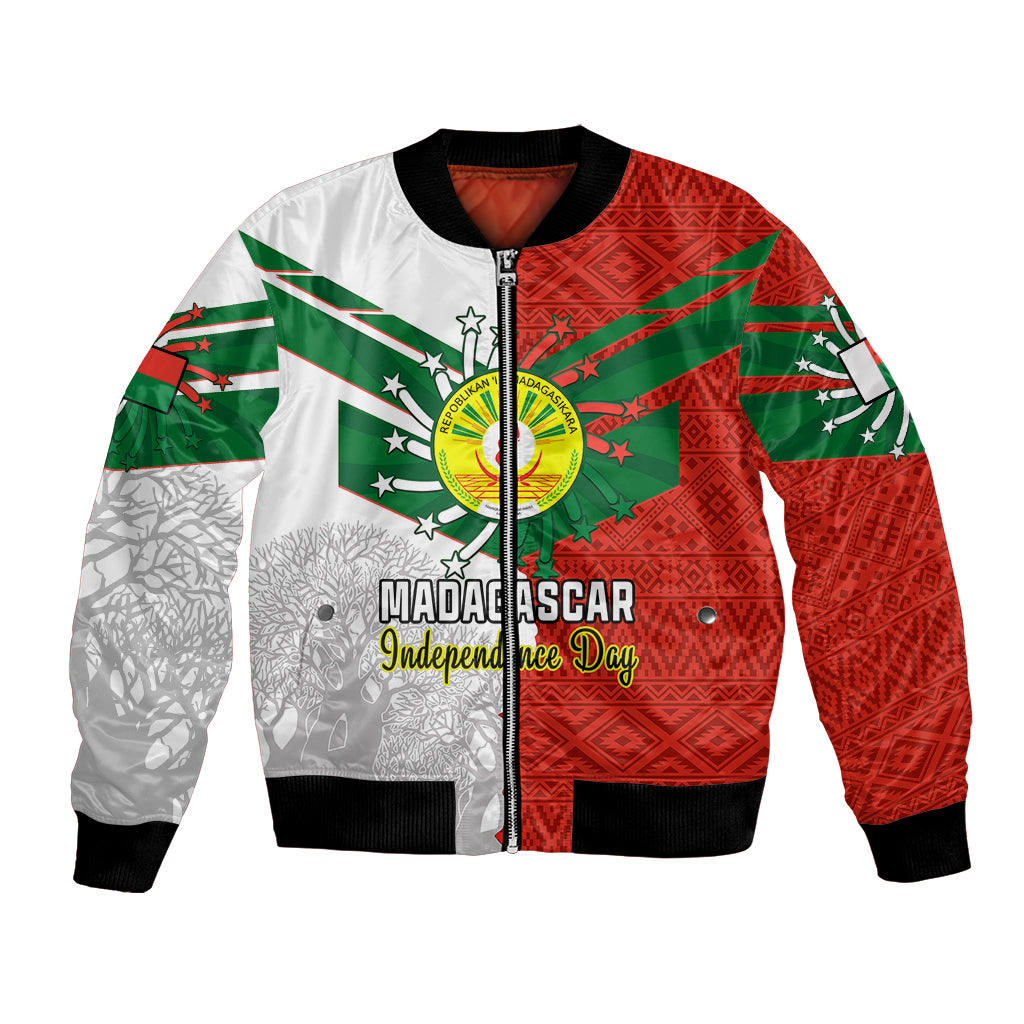 Unisex bomber jacket with red, green, and white Madagascar graphic front