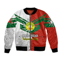 Unisex bomber jacket with red, green, and white Madagascar graphic front