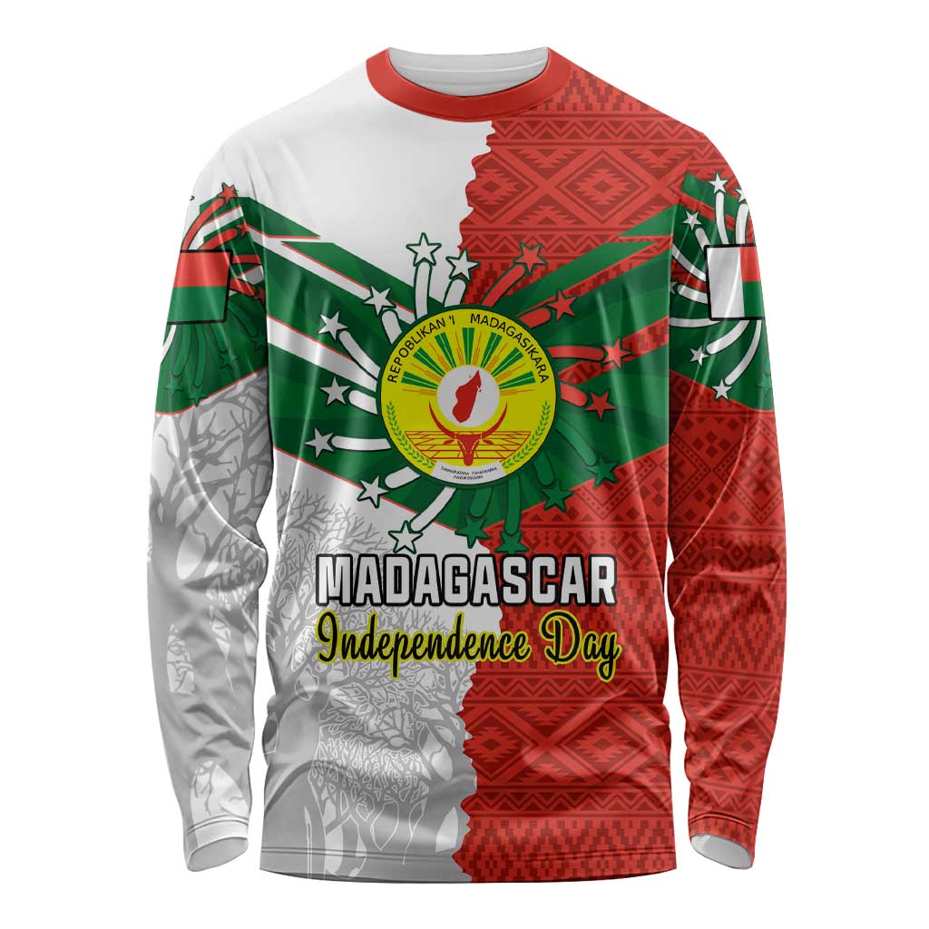 Unisex long-sleeve shirt with red green white Madagascar independence graphic and text