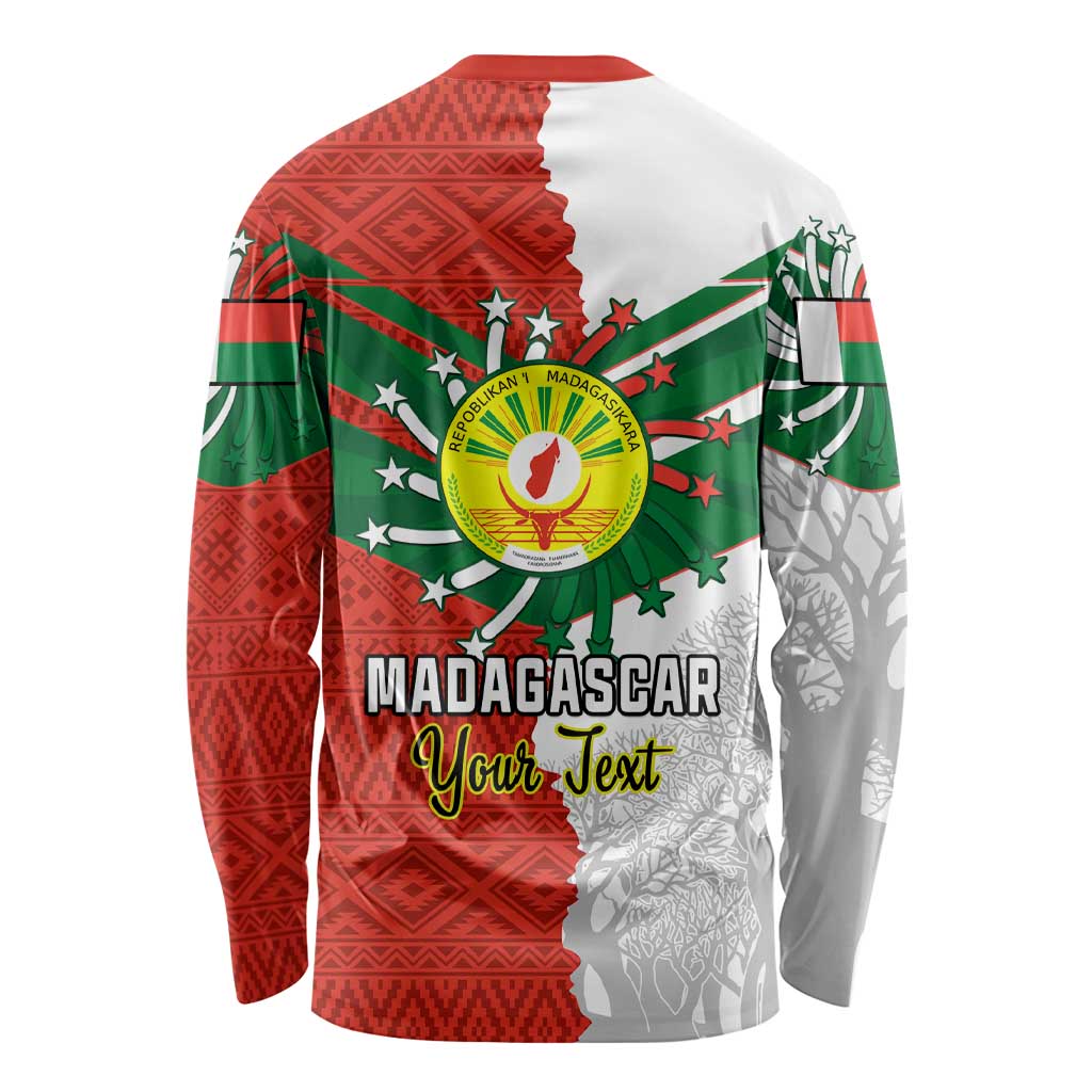 Unisex long-sleeve shirt with red green white Madagascar crest, 'Your Text' lettering