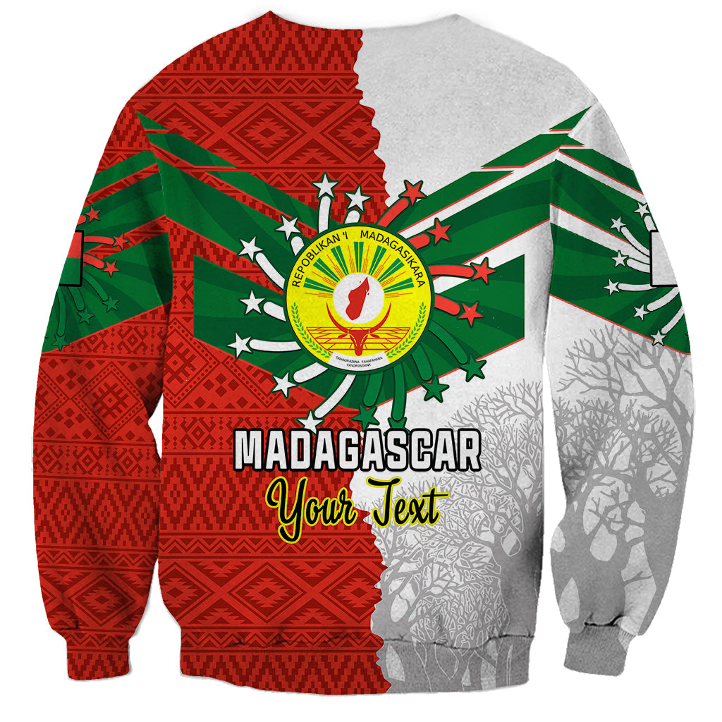 Unisex sweatshirt with red, green, and gray Madagascar graphic and 'Your Text' on back