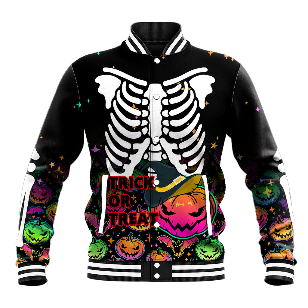 Black baseball jacket with skeleton ribs graphic, trick or treat text, colorful pumpkins