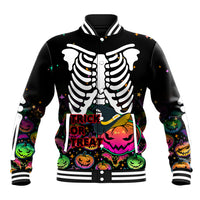 Black baseball jacket with skeleton ribs graphic, trick or treat text, colorful pumpkins
