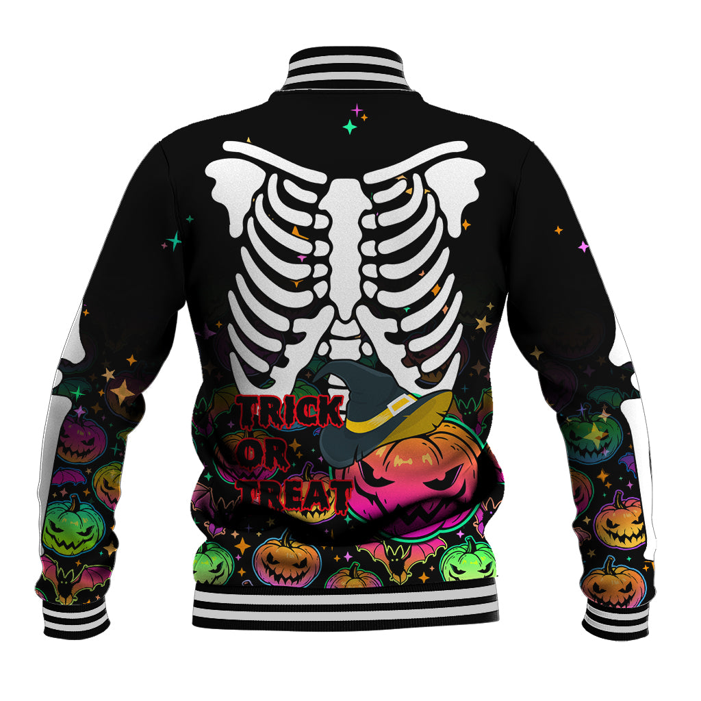 Black baseball jacket back with skeleton ribcage graphic and trick or treat, colorful pumpkins