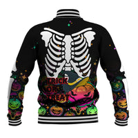 Black baseball jacket back with skeleton ribcage graphic and trick or treat, colorful pumpkins
