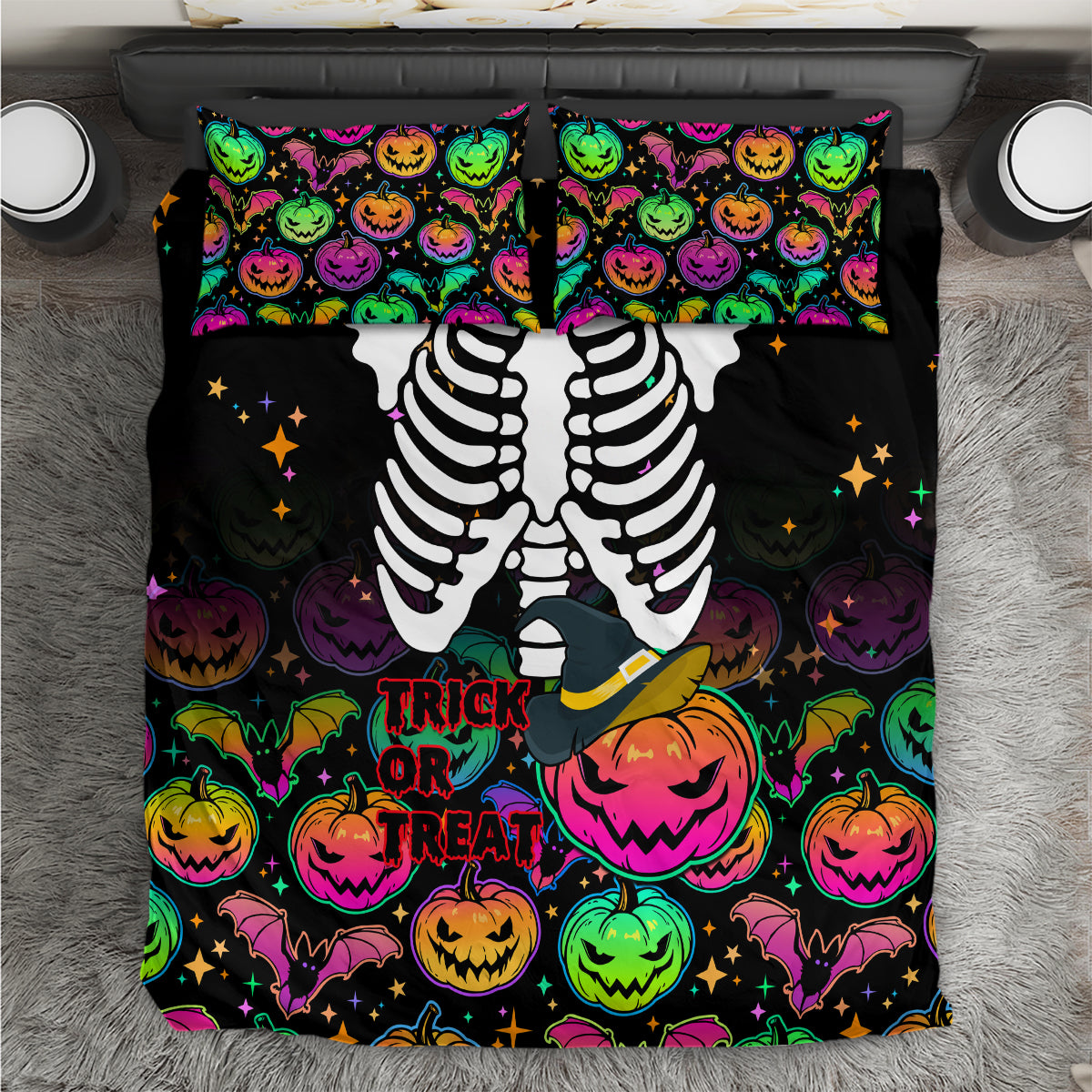 Black Halloween bedding set with skeleton design, pumpkins, and Trick or Treat text