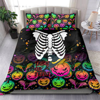 Black Halloween bedding set with skeleton print, colorful pumpkins, and Trick or Treat lettering