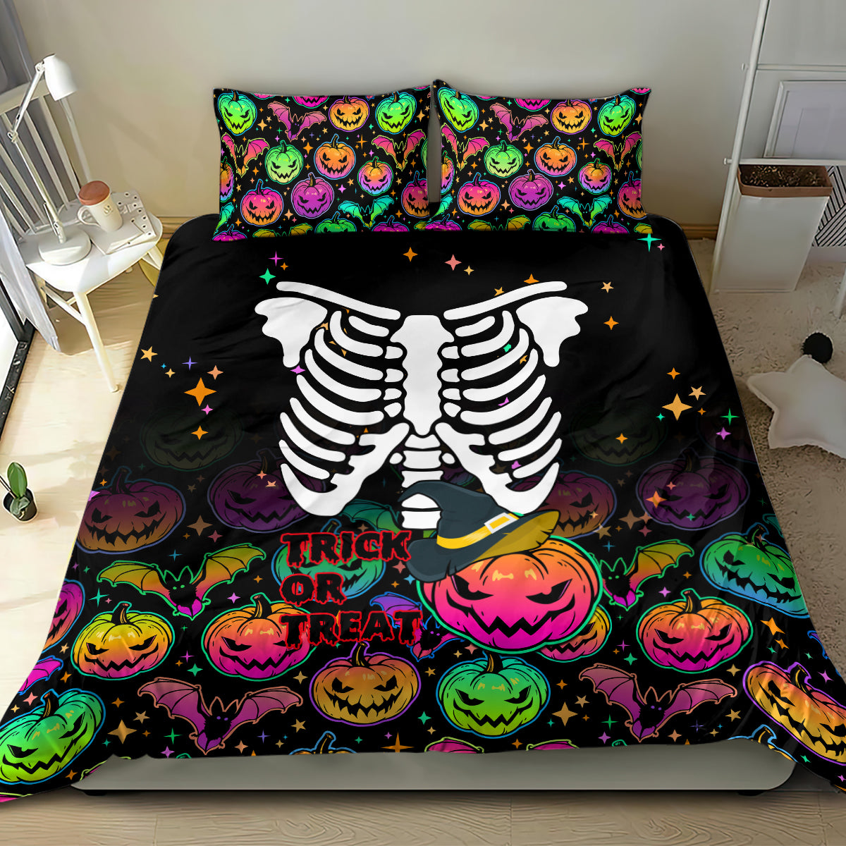 Black Halloween bedding set with skeleton center print, pumpkins, and Trick or Treat phrase