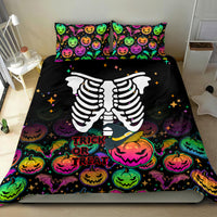Black Halloween bedding set with skeleton center print, pumpkins, and Trick or Treat phrase