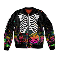 Black bomber jacket with skeleton ribcage and Trick or Treat pumpkin prints