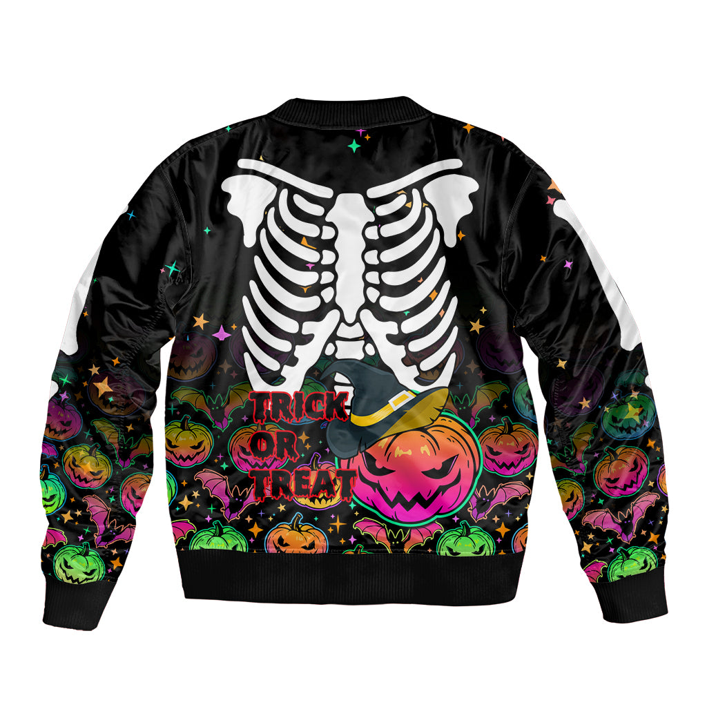 Black bomber jacket with large skeleton ribcage graphic and colorful pumpkin borders