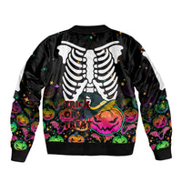 Black bomber jacket with large skeleton ribcage graphic and colorful pumpkin borders
