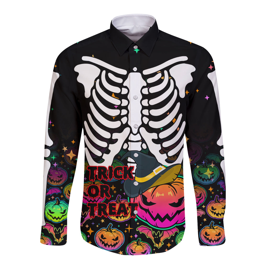Black Halloween skeleton long-sleeve button shirt with front Trick or Treat graphic