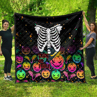 Black Halloween skeleton quilt with colorful pumpkin border and 'Trick or Treat' text
