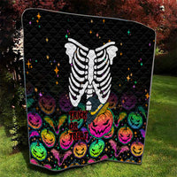 Black Halloween skeleton quilt with glowing stars and colorful jack-o'-lantern pumpkins