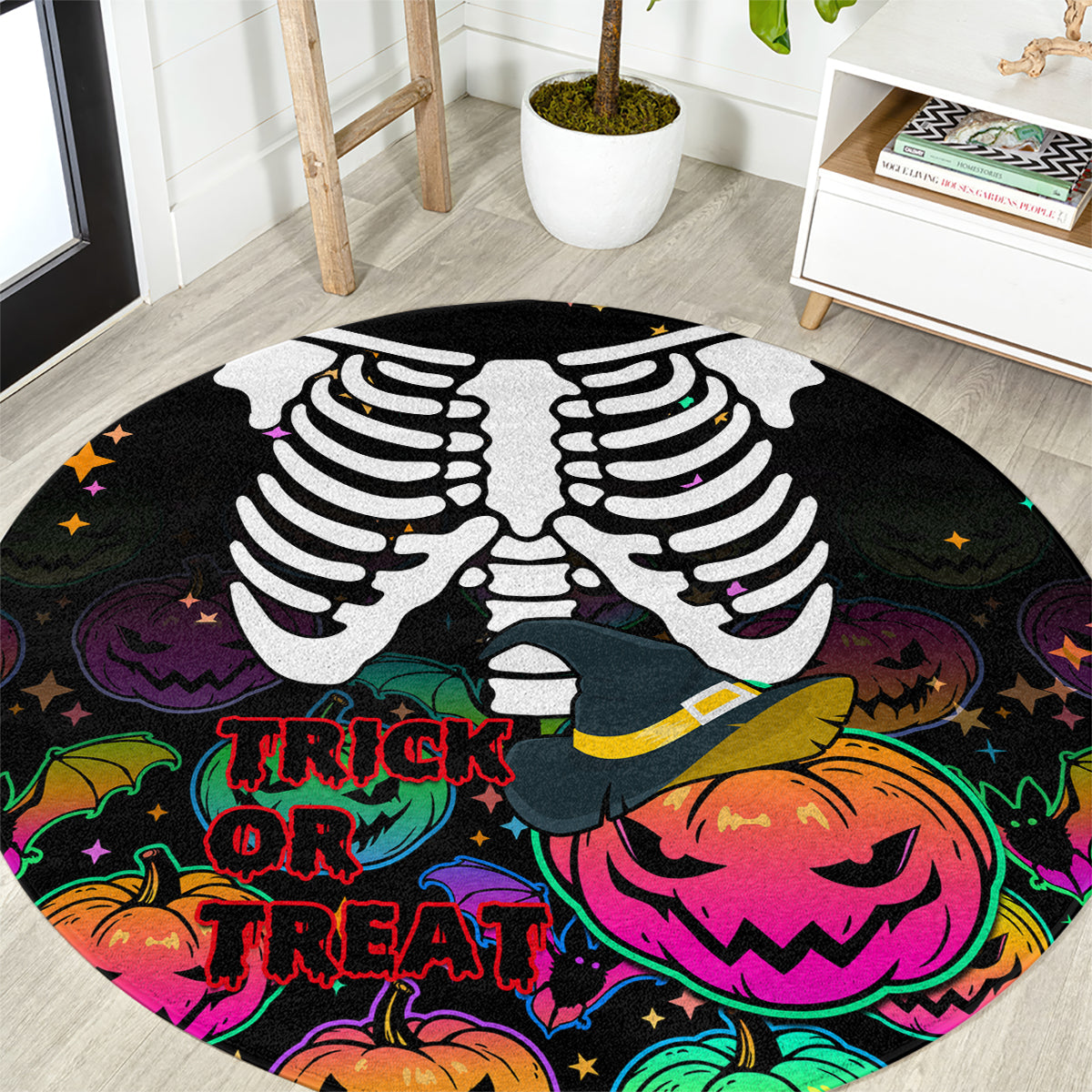 Halloween skeleton round rug: black with white hands, pumpkins, “Trick or Treat” text