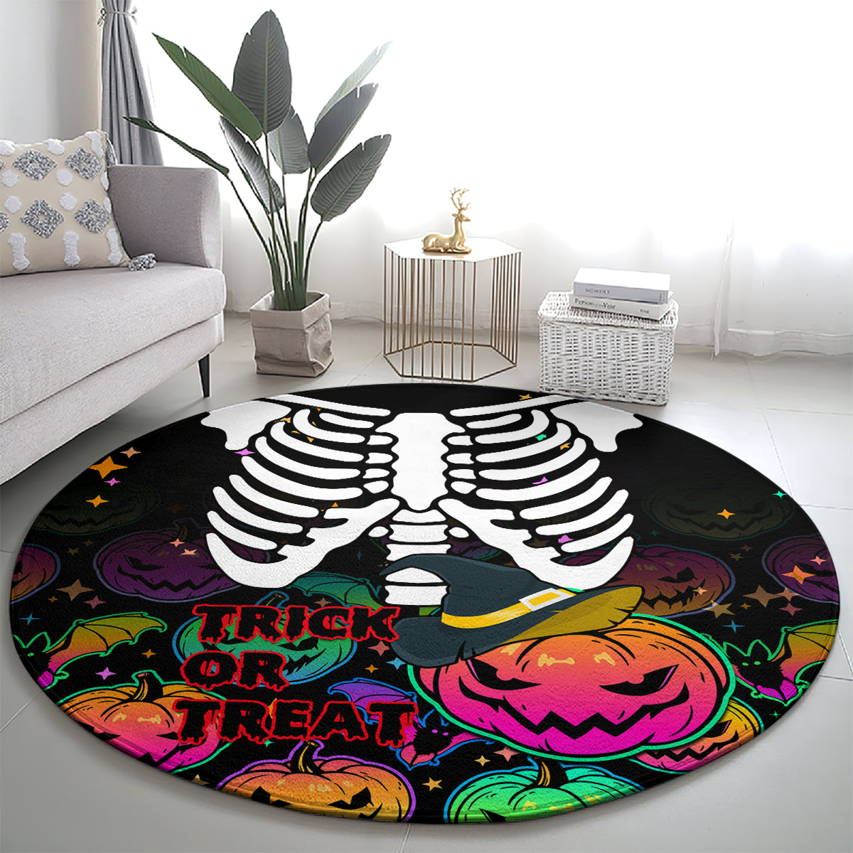 Halloween skeleton round carpet: black design with skeleton hands, witch hat, pumpkins