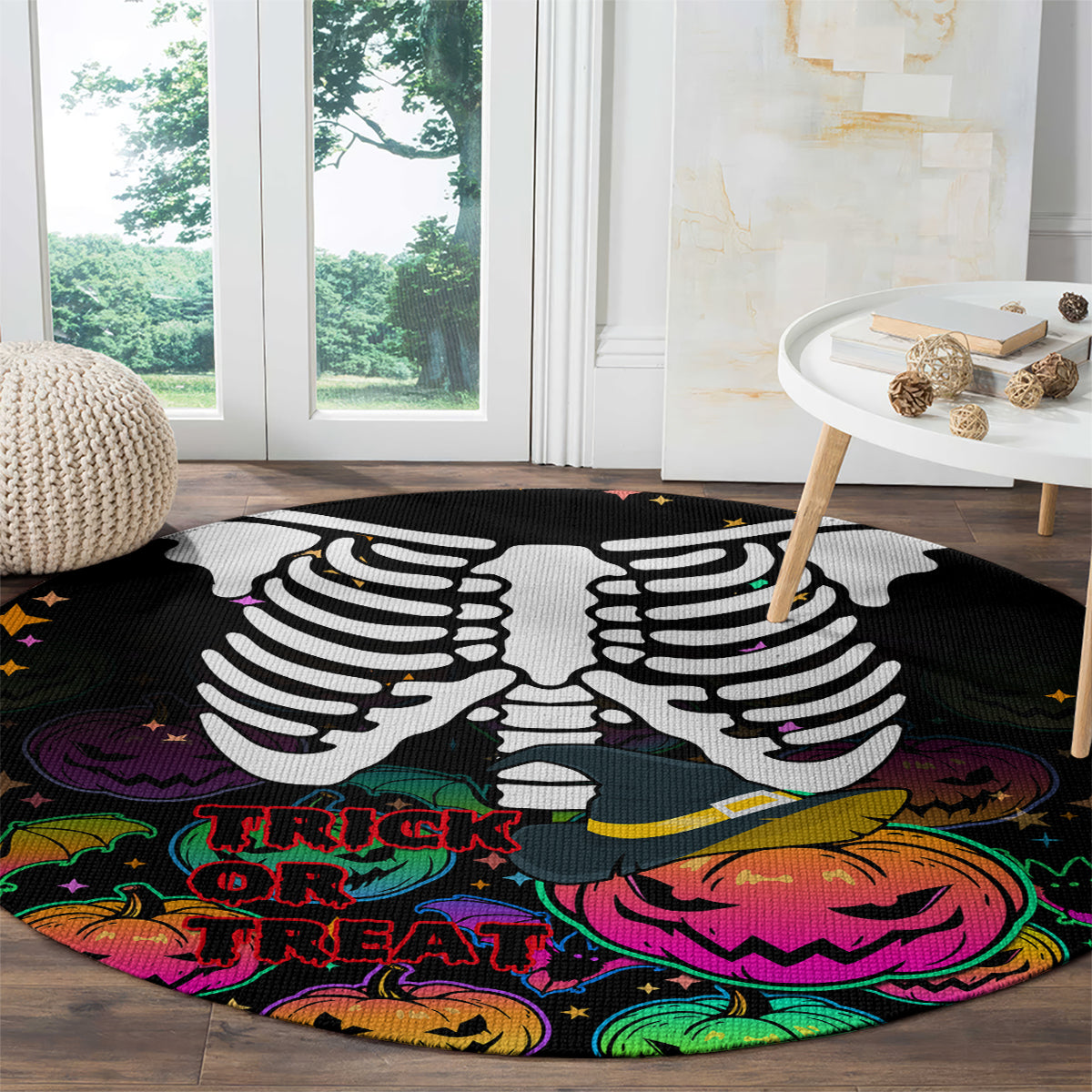 Halloween skeleton round rug, black with white skeleton hands and colorful jack-o’-lanterns