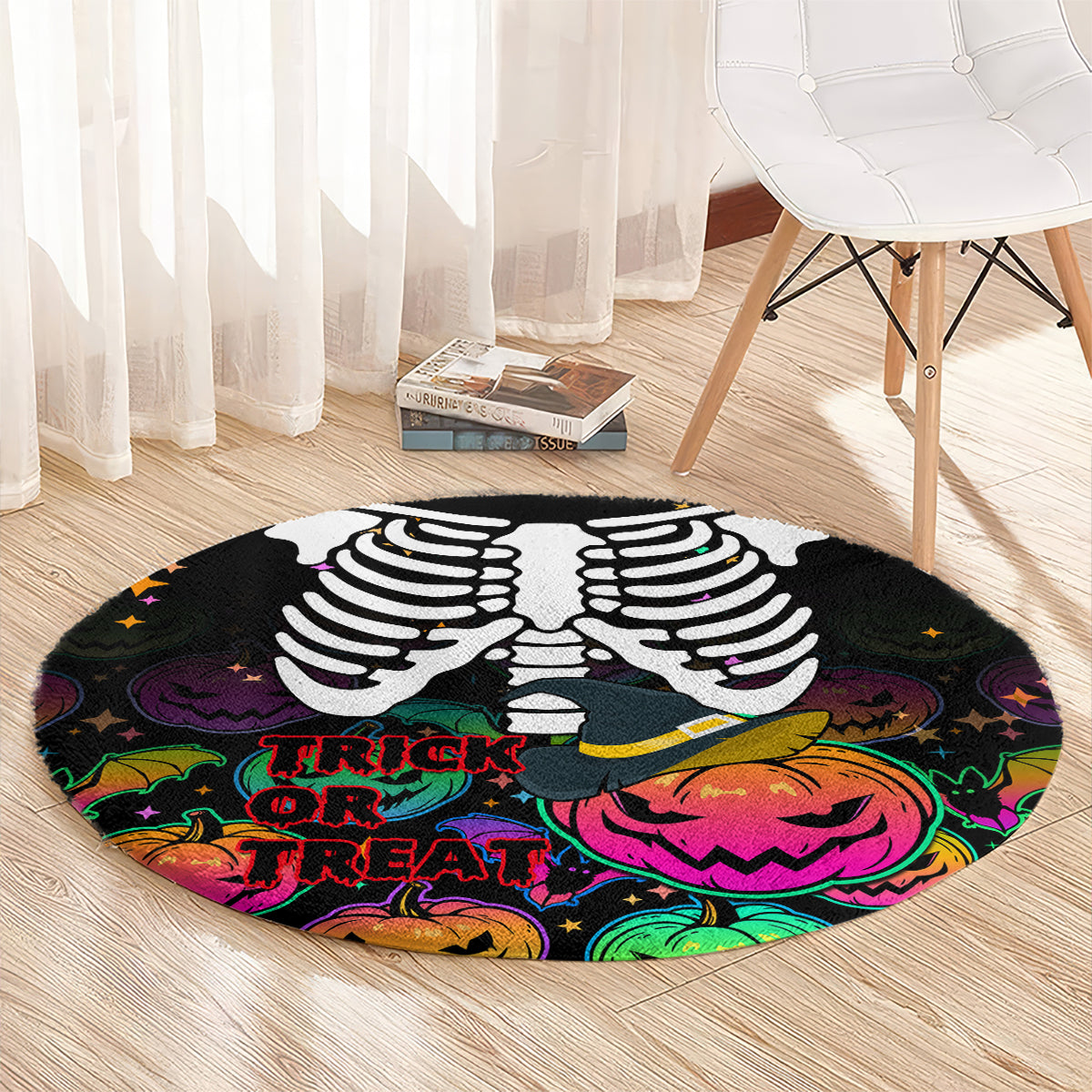 Halloween skeleton round carpet rug: black with white hands, pumpkins, and “Trick or Treat”
