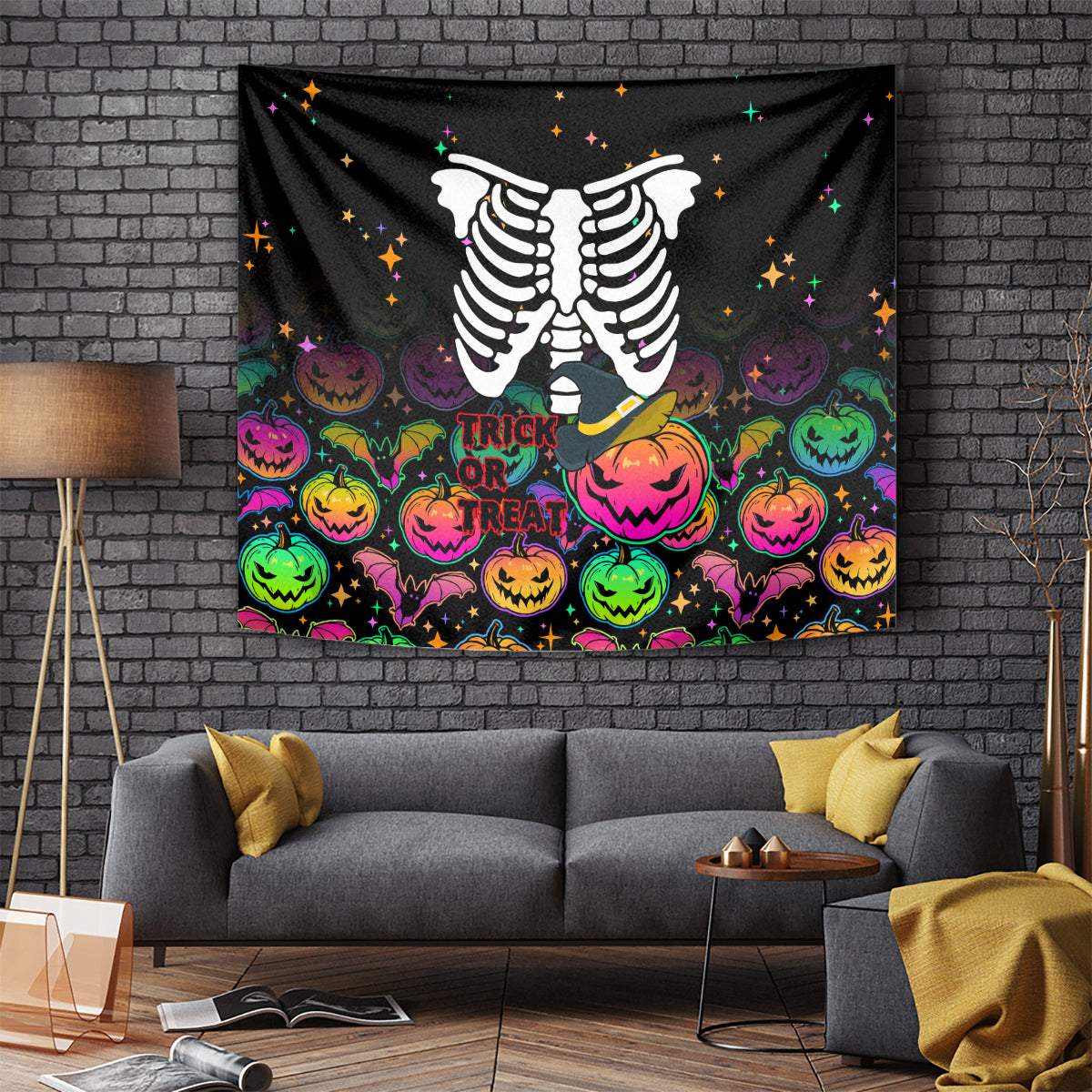 Black wall-hanging Halloween tapestry with white skeleton and colorful trick-or-treat pumpkins