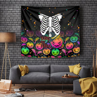 Black wall-hanging Halloween tapestry with white skeleton and colorful trick-or-treat pumpkins