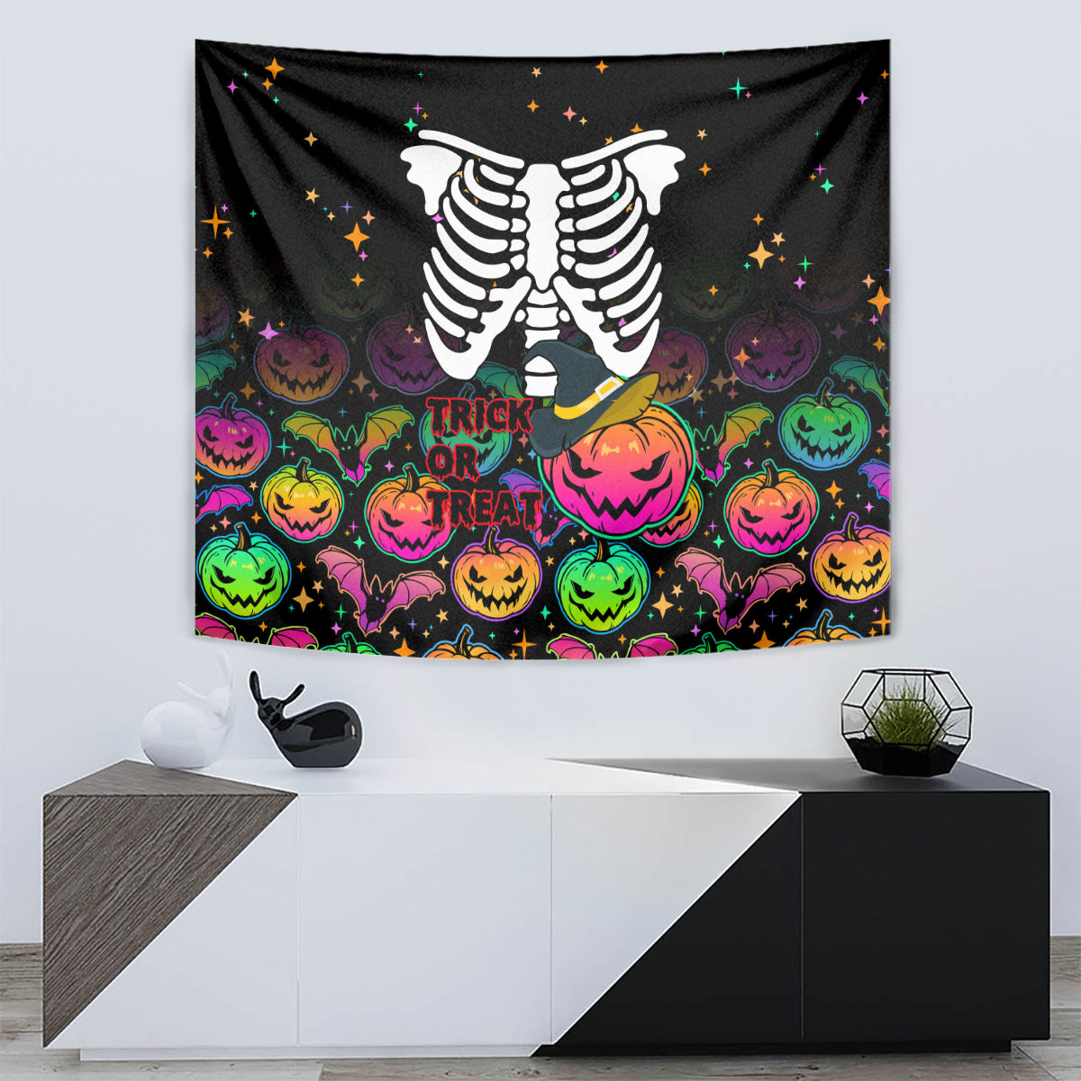 Black Halloween wall tapestry with white skeleton hands, “Trick or Treat,” and jack-o’-lanterns