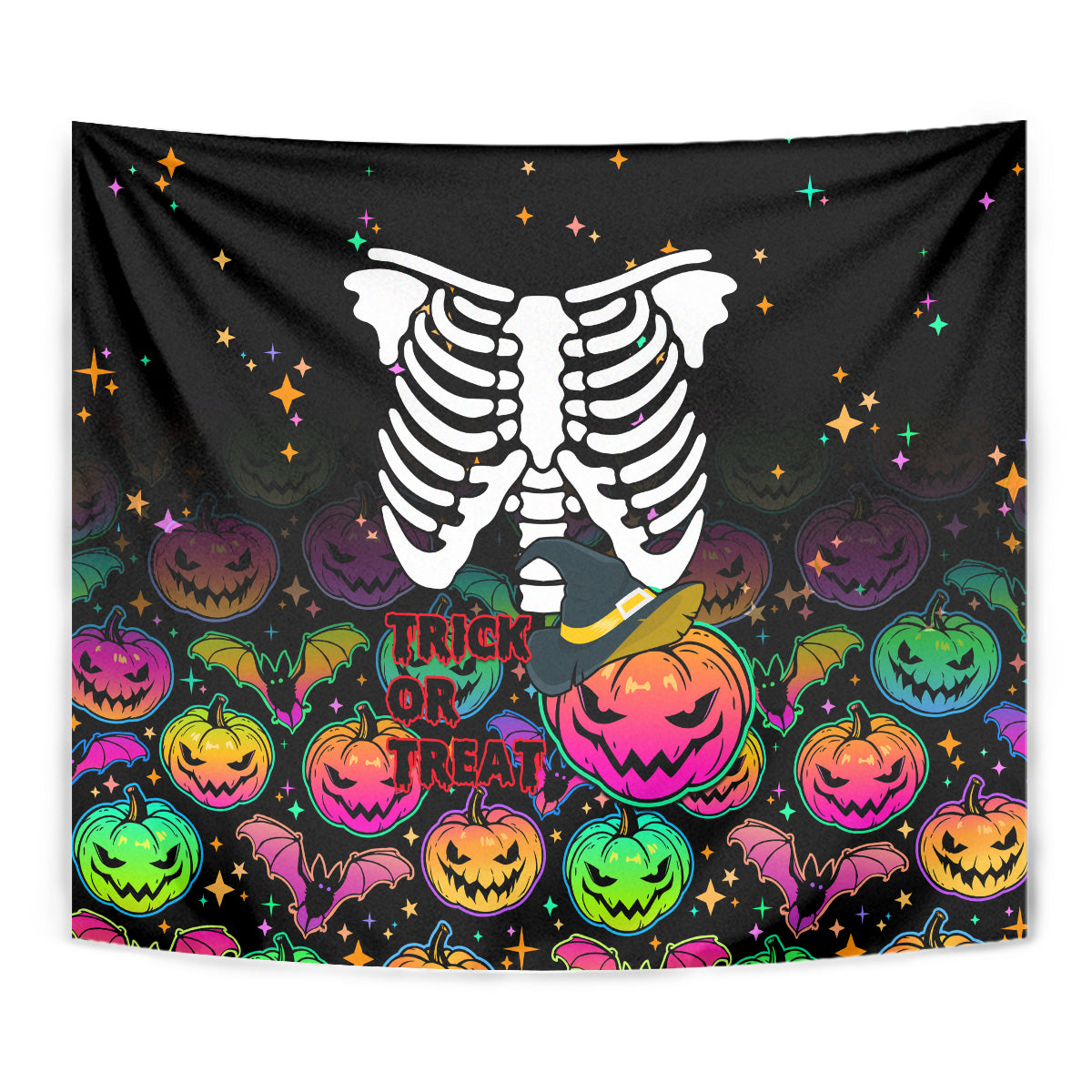 Black Halloween tapestry with white skeleton, green-orange pumpkins, and “Trick or Treat” text