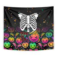 Black Halloween tapestry with white skeleton, green-orange pumpkins, and “Trick or Treat” text