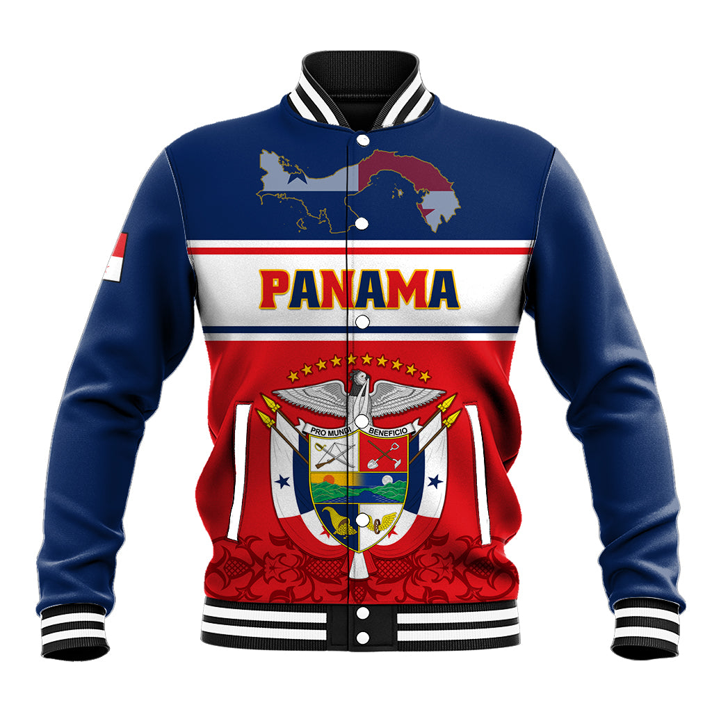 Panama crest baseball jacket, blue/red varsity striped collar and button front