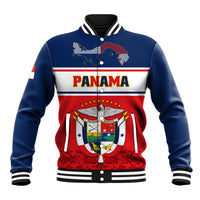 Panama crest baseball jacket, blue/red varsity striped collar and button front