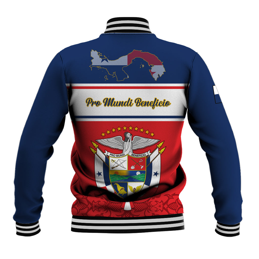 Baseball jacket back with Panama crest, blue/red stripes and ribbed cuffs