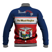 Baseball jacket back with Panama crest, blue/red stripes and ribbed cuffs