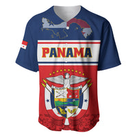 Red and blue baseball jersey with Panama text and coat of arms crest front
