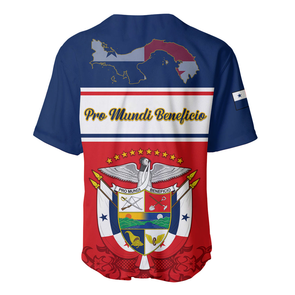 Blue baseball jersey with Pro Mundi Beneficio banner and coat of arms crest front