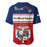 Blue baseball jersey with Pro Mundi Beneficio banner and coat of arms crest front