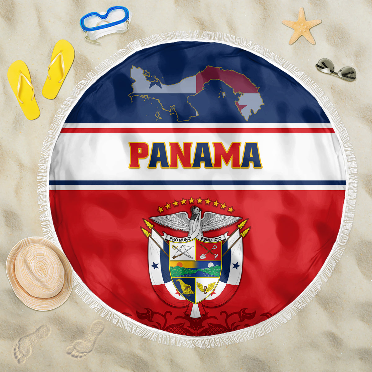 Round beach blanket with Panama coat of arms flag print, red white blue, fringed edge