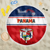 Round beach blanket with Panama coat of arms flag print, red white blue, fringed edge