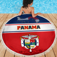 Round Panama flag beach blanket with coat of arms emblem and “PANAMA,” fringed border