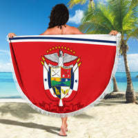Fringed round beach blanket featuring Panama coat of arms emblem on red and white flag