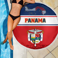 Round fringed Panama flag beach blanket with coat of arms print, red white blue