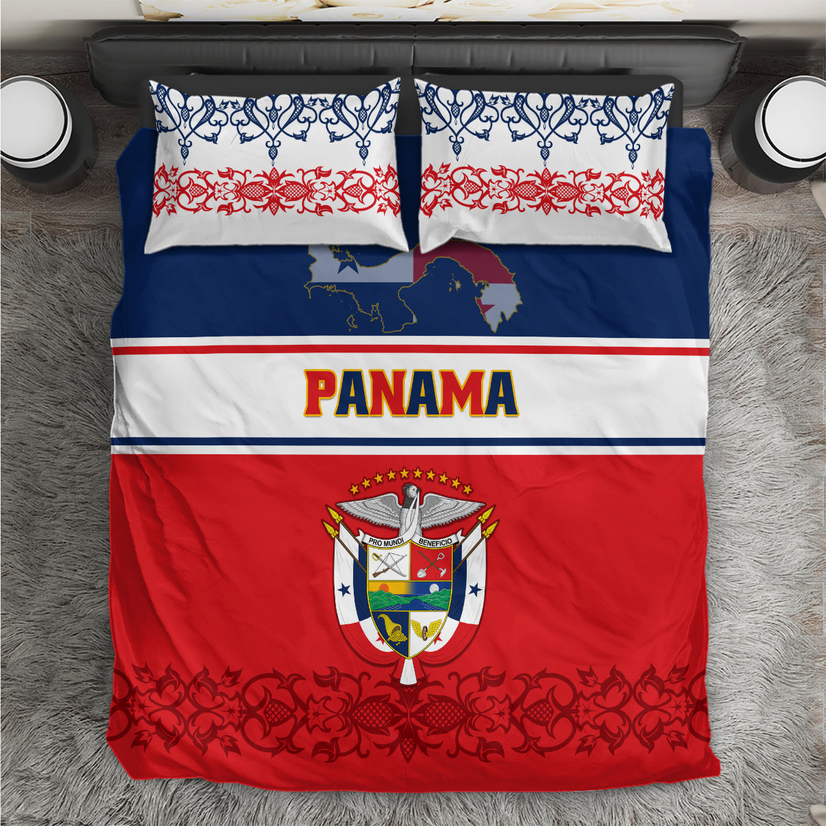 Red, blue & white bedding set with PANAMA text, coat of arms, and patterned pillowcases