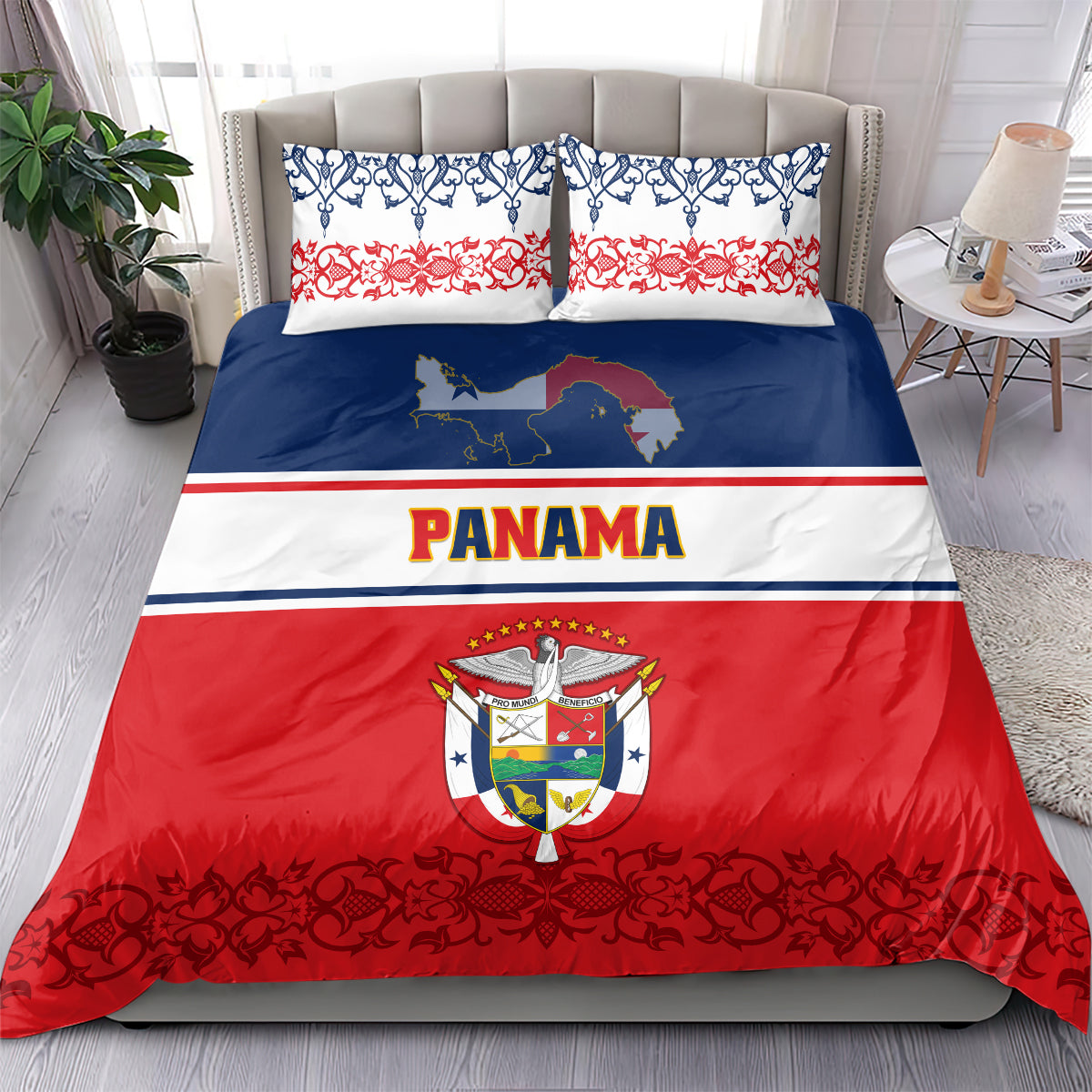 Full bed bedding set in red, blue & white with PANAMA text, crest, and floral pillowcases