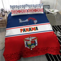 Red, blue & white comforter with Panama map graphic, PANAMA text, crest, and patterned pillows