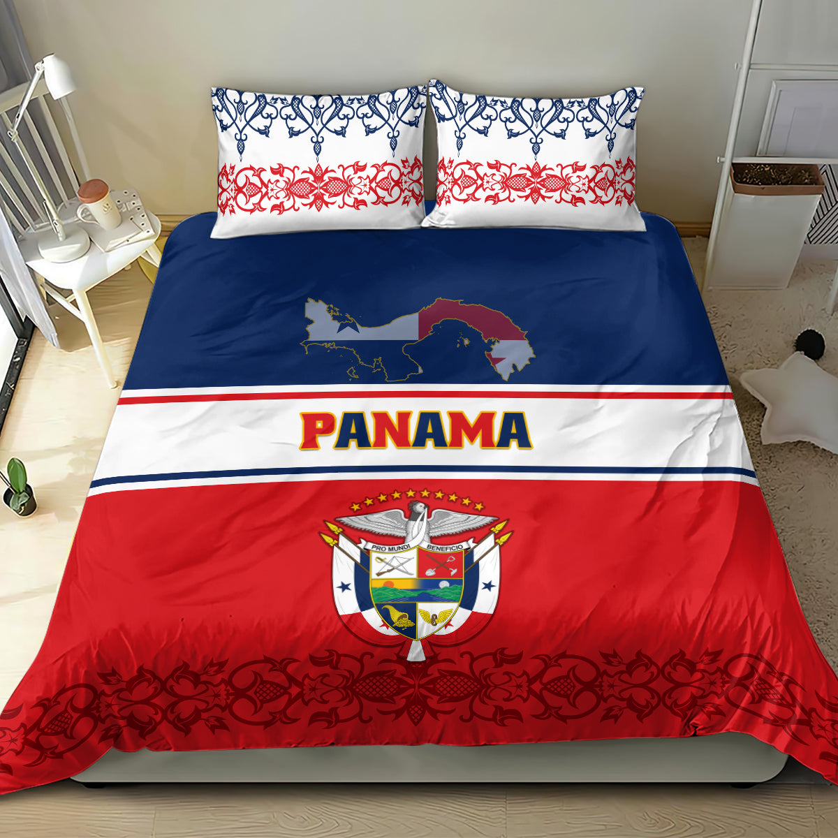 Red, blue & white bedding set with PANAMA text, coat of arms crest, and blue patterned border pillows